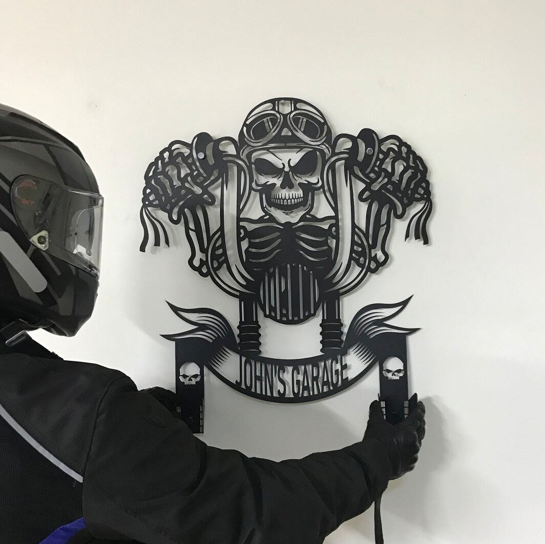 Custom Metal Motorcycle Sign Helmet Holder, outstanding, skull motorcycle jacket holder, bike helmet