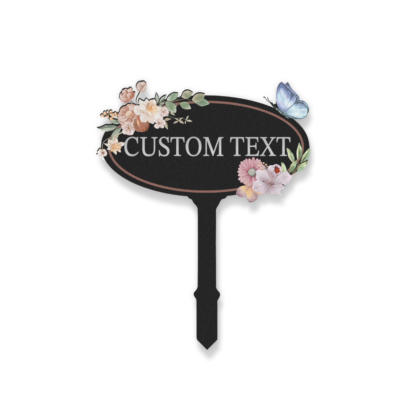 Personalized Oval Garden Sign with Flowers and Butterfly, Custom Metal Garden Stake, Elegant Floral Outdoor Yard Sign, Garden Name Plaque for Home Decor