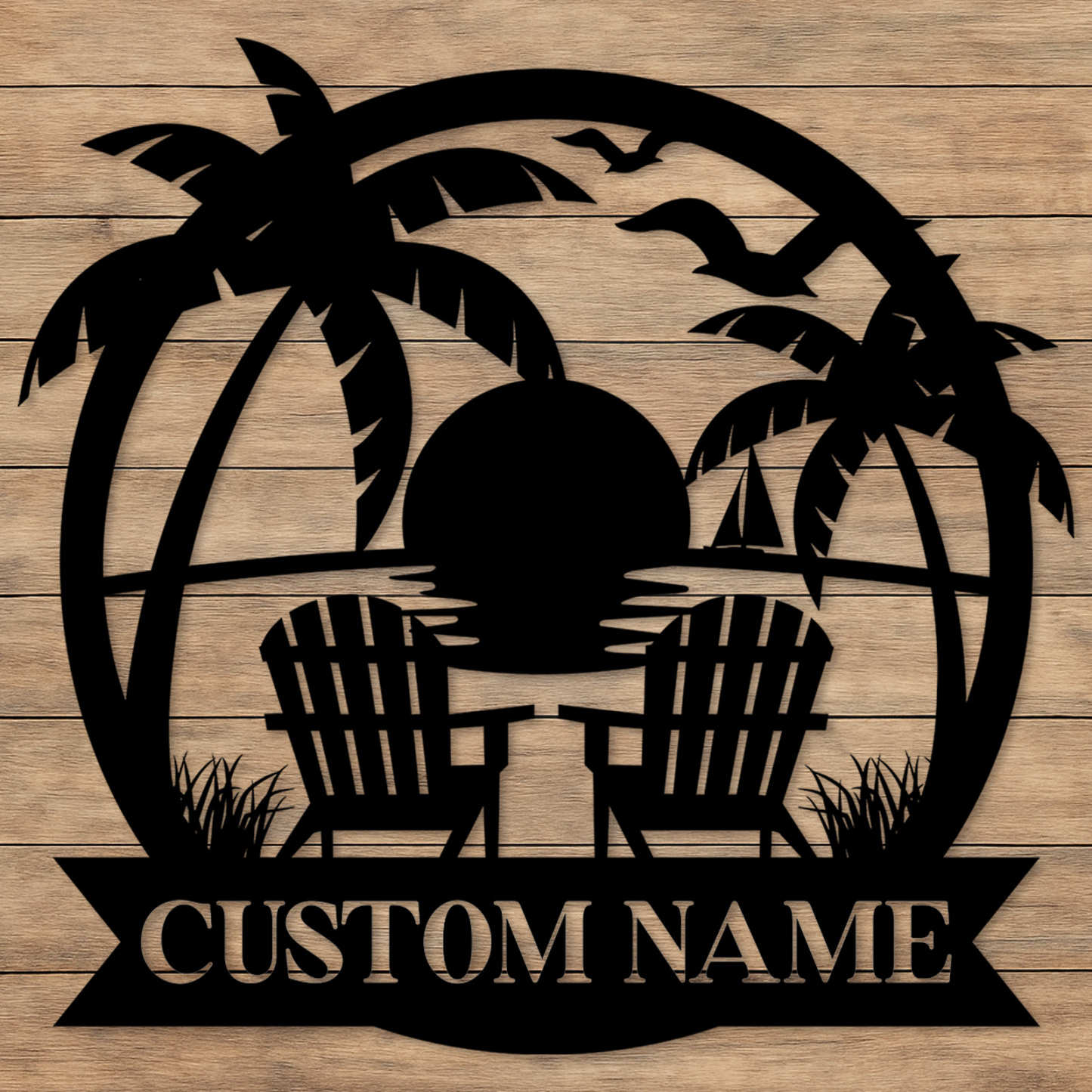 Custom Lake Campfire Metal Sign, Personalized Adirondack Chairs and Forest Scene for Cabin, Porch, or Backyard Outdoor Decor