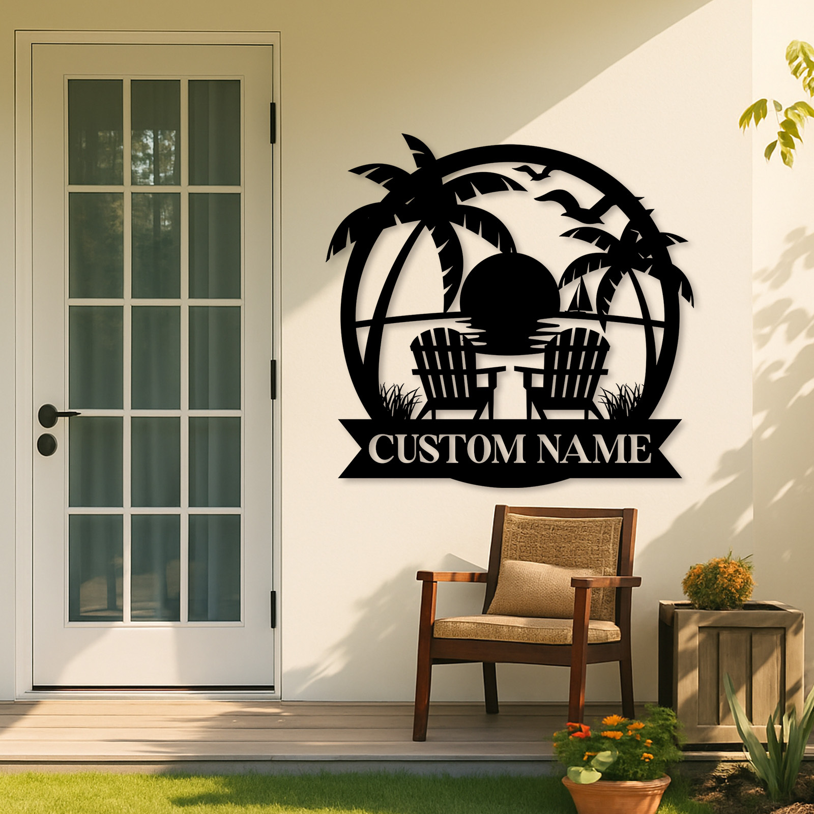 Custom Lake Campfire Metal Sign, Personalized Adirondack Chairs and Forest Scene for Cabin, Porch, or Backyard Outdoor Decor