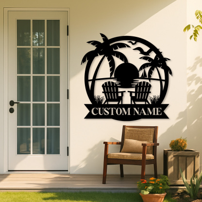 Custom Lake Campfire Metal Sign, Personalized Adirondack Chairs and Forest Scene for Cabin, Porch, or Backyard Outdoor Decor