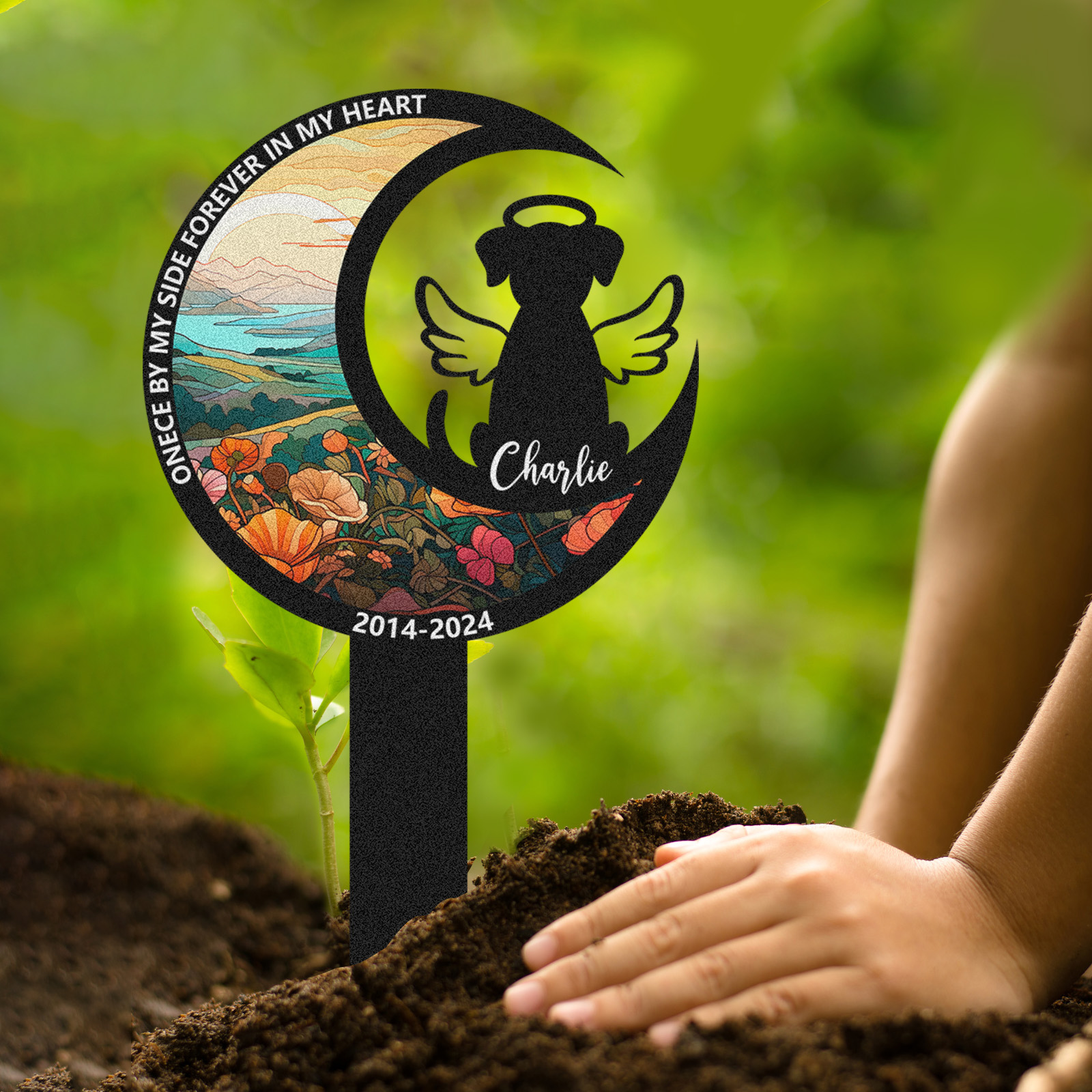 Custom Moon Shaped Dog Memorial Stake, Personalized Pet Garden Marker with Angel Silhouette and Floral Design