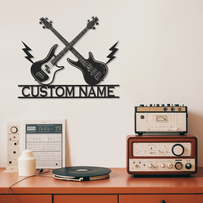 Personalized Bass Guitar Metal Sign, Custom Wall Art with Crossed Guitars and Lightning, Gift for Rock Musicians