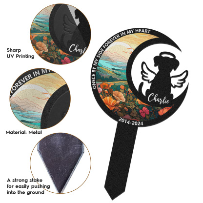 Custom Moon Shaped Dog Memorial Stake, Personalized Pet Garden Marker with Angel Silhouette and Floral Design