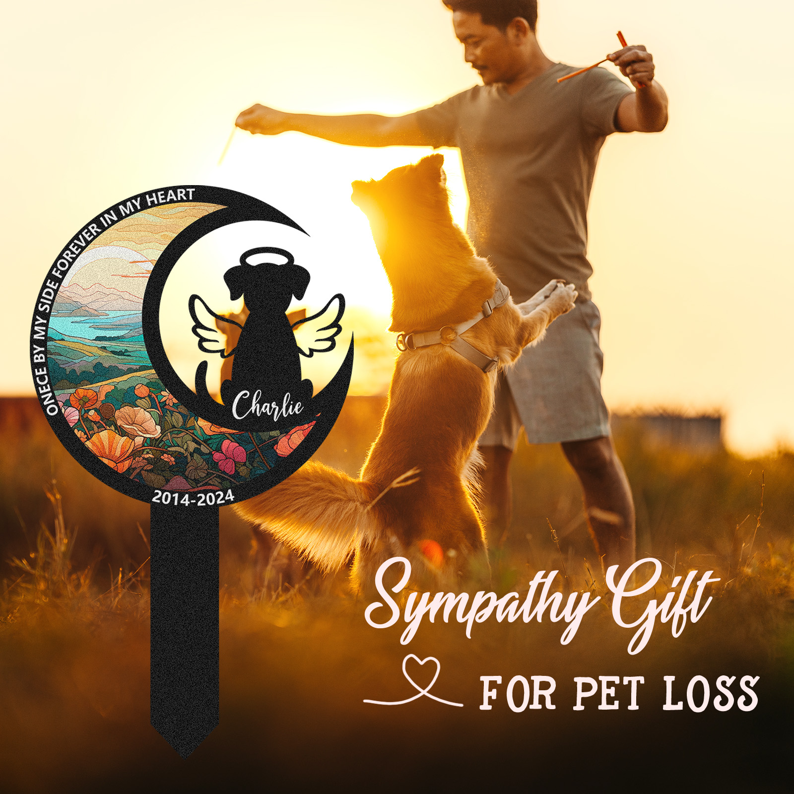 Custom Moon Shaped Dog Memorial Stake, Personalized Pet Garden Marker with Angel Silhouette and Floral Design