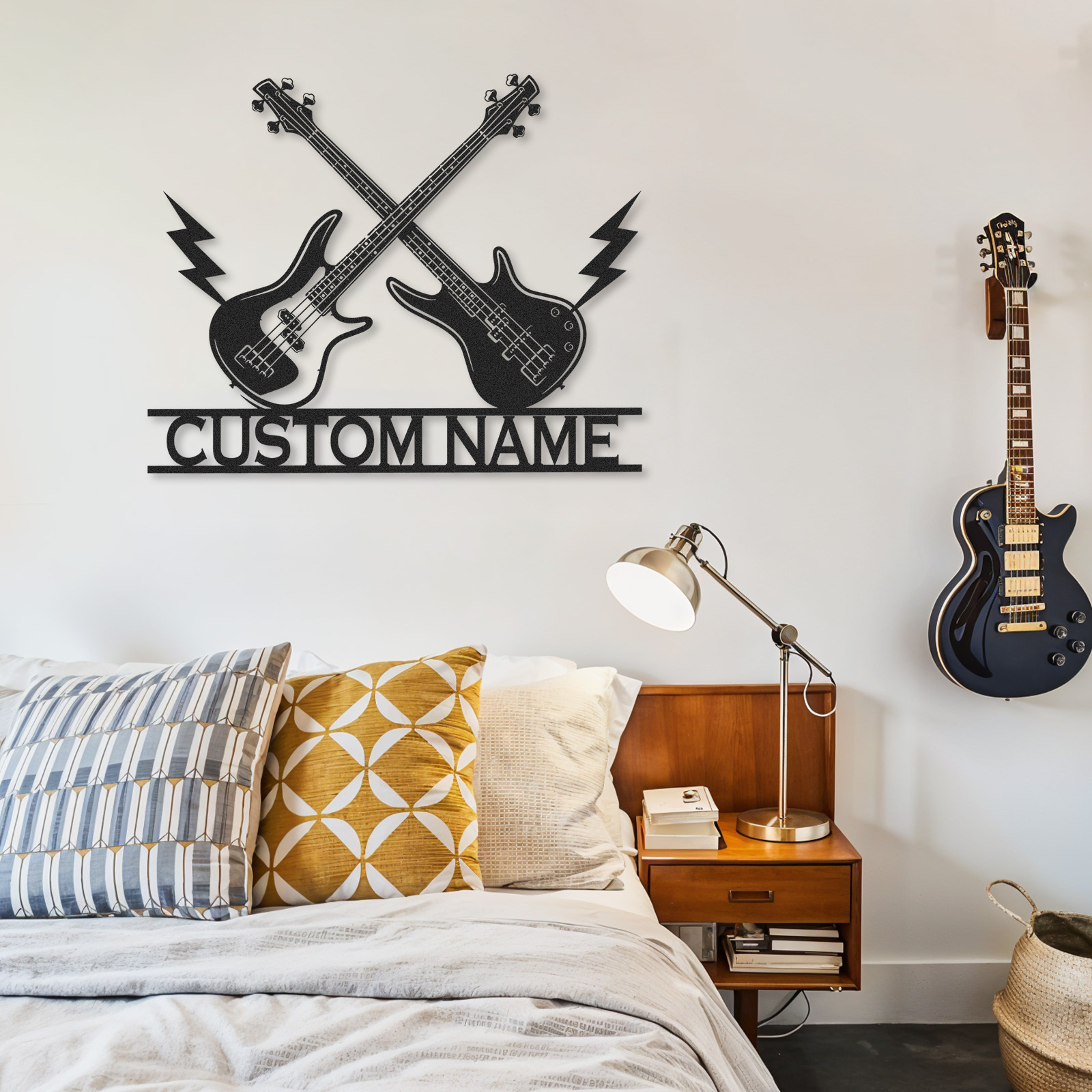 Personalized Bass Guitar Metal Sign, Custom Wall Art with Crossed Guitars and Lightning, Gift for Rock Musicians