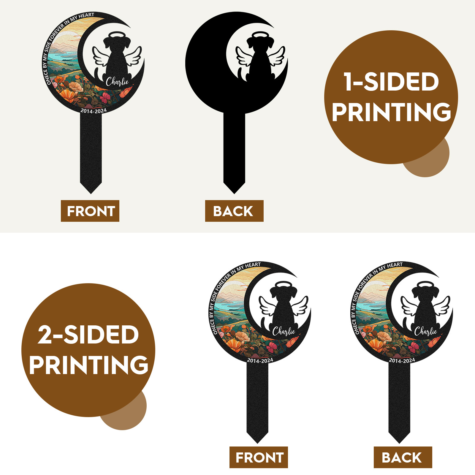 Custom Moon Shaped Dog Memorial Stake, Personalized Pet Garden Marker with Angel Silhouette and Floral Design