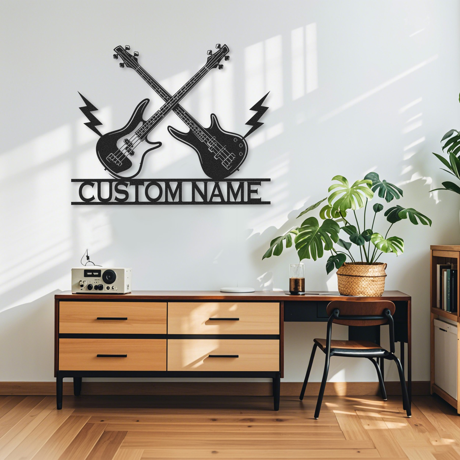 Personalized Bass Guitar Metal Sign, Custom Wall Art with Crossed Guitars and Lightning, Gift for Rock Musicians
