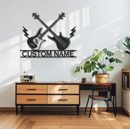 Personalized Bass Guitar Metal Sign, Custom Wall Art with Crossed Guitars and Lightning, Gift for Rock Musicians