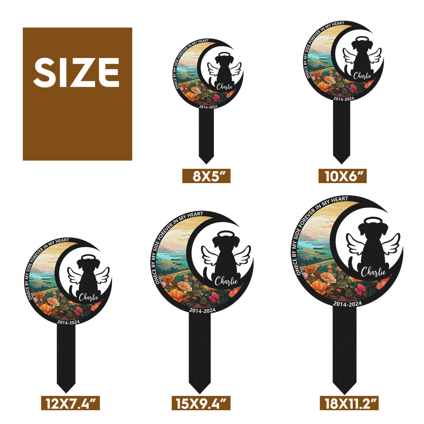 Custom Moon Shaped Dog Memorial Stake, Personalized Pet Garden Marker with Angel Silhouette and Floral Design