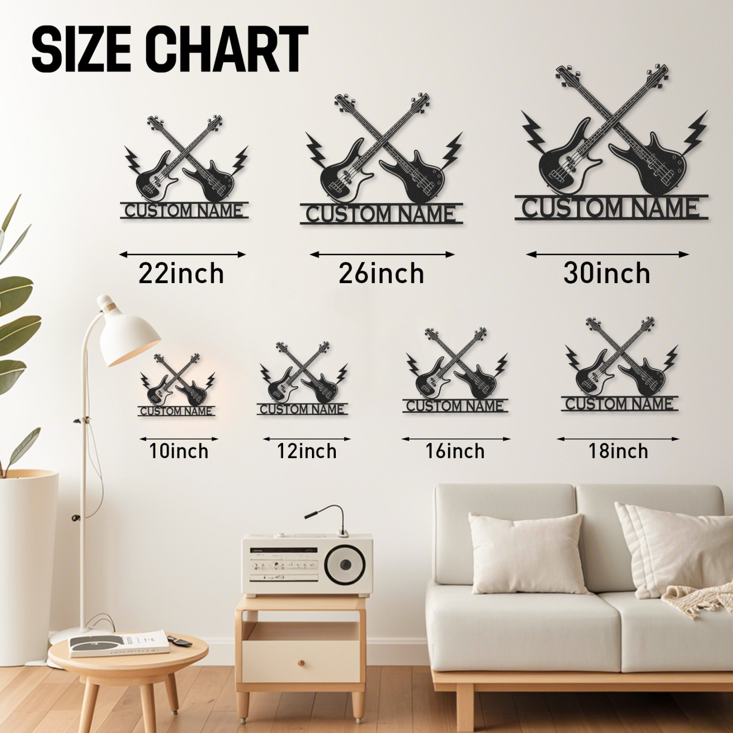 Personalized Bass Guitar Metal Sign, Custom Wall Art with Crossed Guitars and Lightning, Gift for Rock Musicians