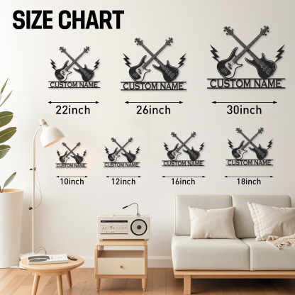 Personalized Bass Guitar Metal Sign, Custom Wall Art with Crossed Guitars and Lightning, Gift for Rock Musicians