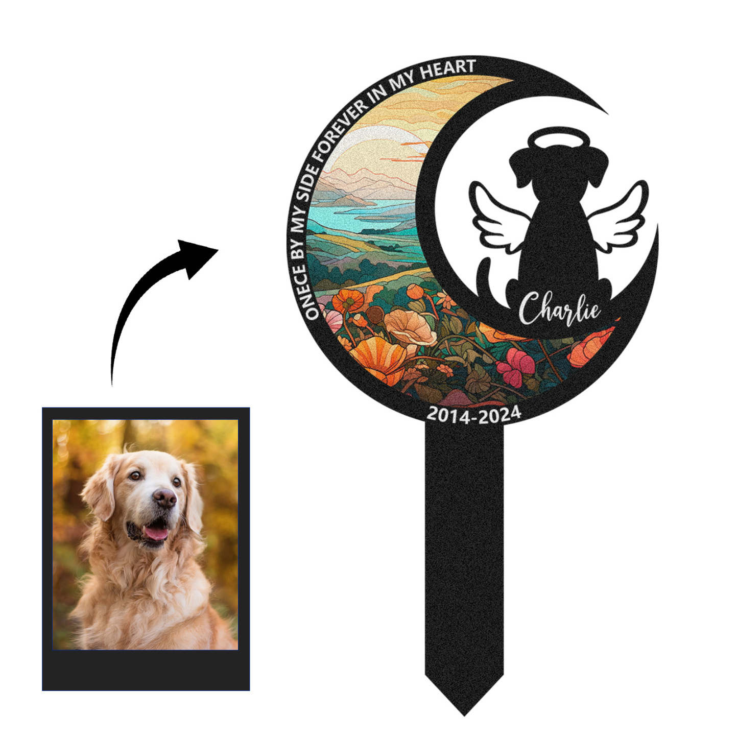 Custom Moon Shaped Dog Memorial Stake, Personalized Pet Garden Marker with Angel Silhouette and Floral Design