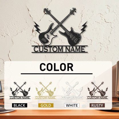 Personalized Bass Guitar Metal Sign, Custom Wall Art with Crossed Guitars and Lightning, Gift for Rock Musicians