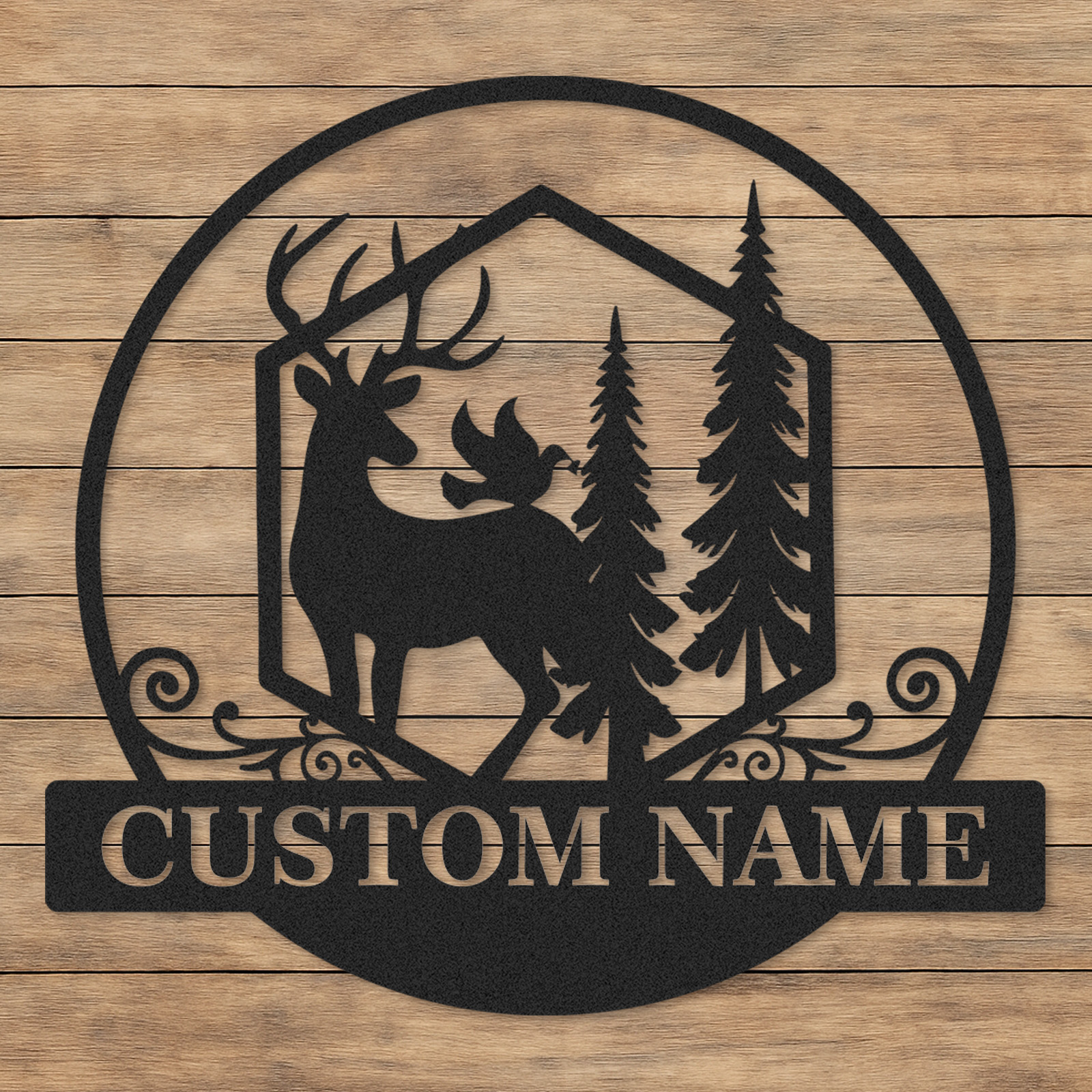 Personalized Deer and Tree Metal Sign, Forest Wildlife Cabin Decor, Custom Family Name Plaque