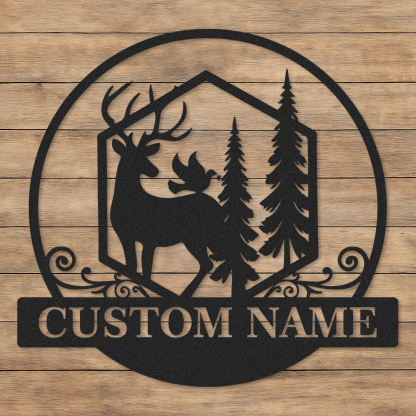 Personalized Deer and Tree Metal Sign, Forest Wildlife Cabin Decor, Custom Family Name Plaque