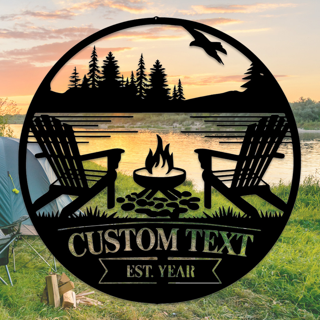 Custom Lakehouse Campfire Metal Sign, Personalized Forest Chair and Firepit Wall Art for Cabin, Backyard, or Porch Outdoor Decor
