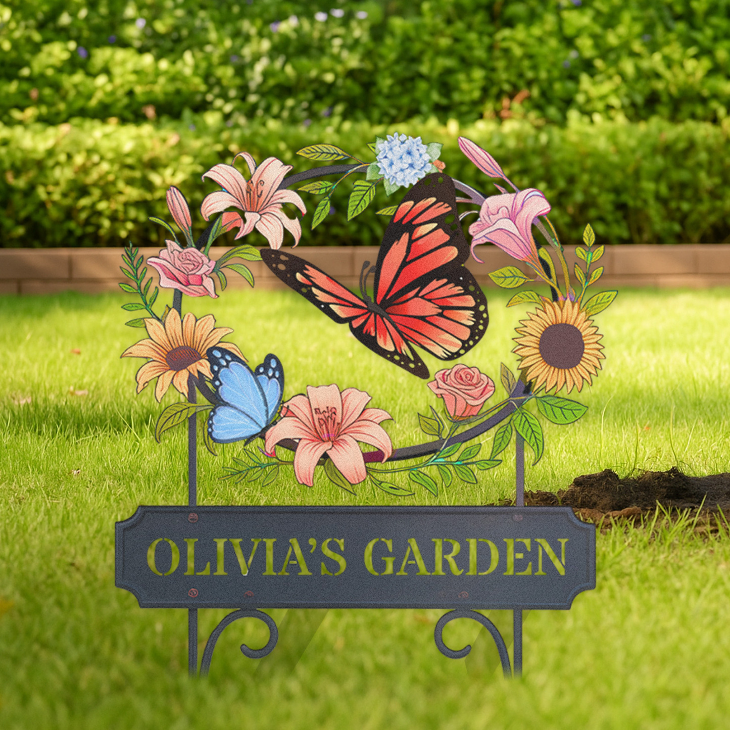 Personalized Garden Sign with Butterflies and Flowers, Custom Metal Floral Wreath Yard Stake, Outdoor Garden Name Sign for Patio, Lawn, or Flower Bed