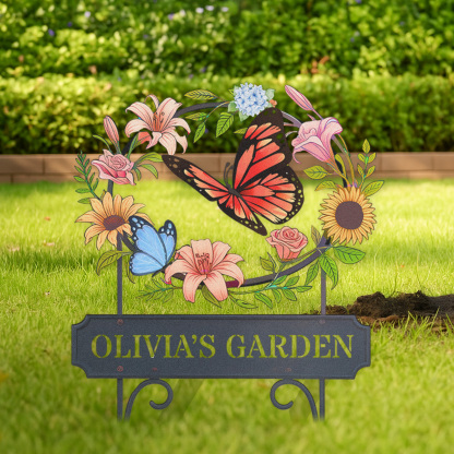 Personalized Garden Sign with Butterflies and Flowers, Custom Metal Floral Wreath Yard Stake, Outdoor Garden Name Sign for Patio, Lawn, or Flower Bed