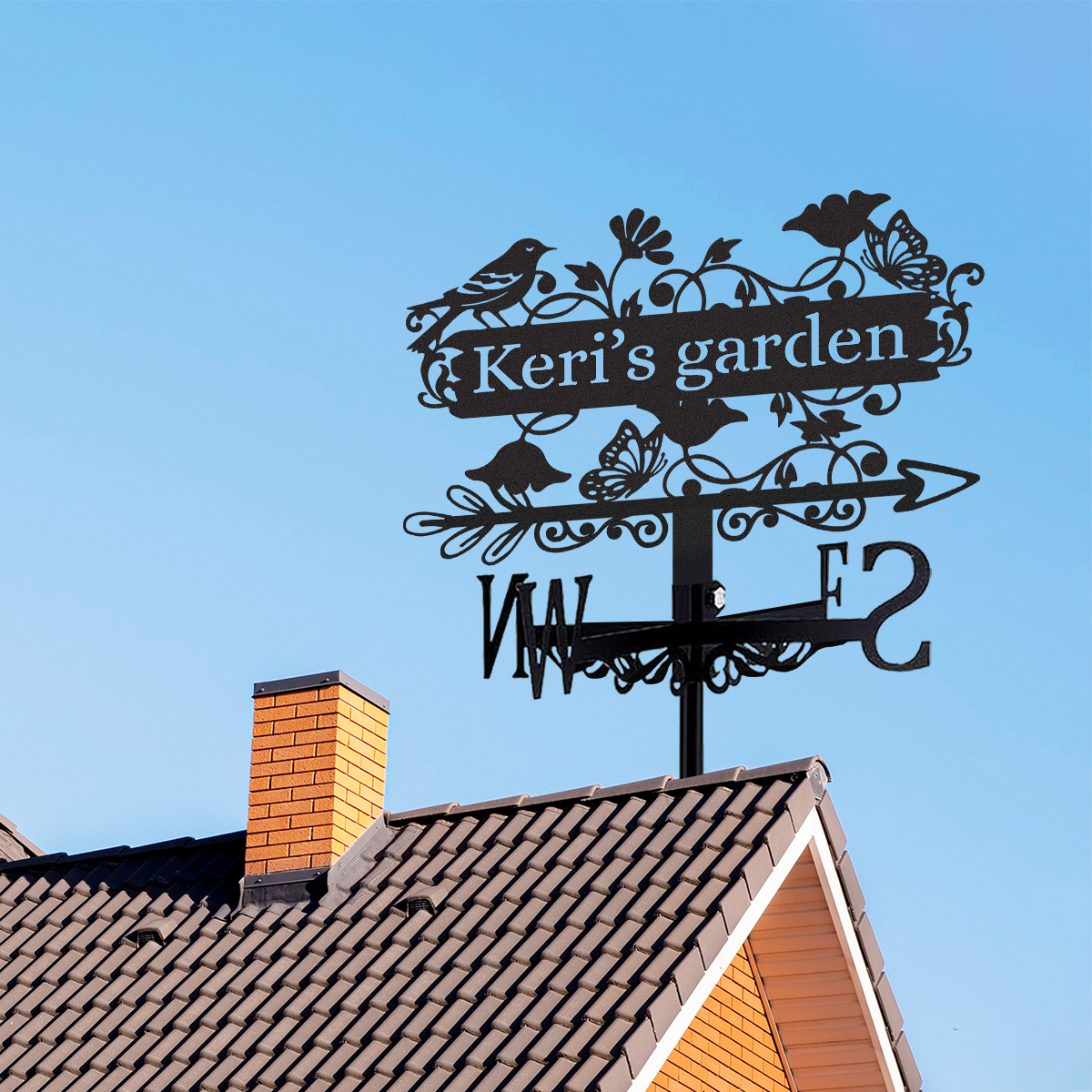 Personalized Garden Metal Weather Vane with Custom Name, Bird and Butterfly Wind Direction Indicator Outdoor Yard Garden Decor