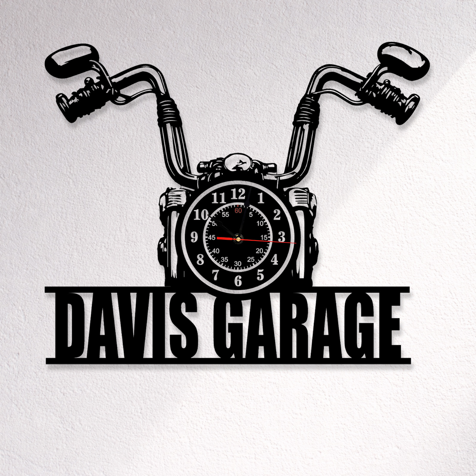 Personalized Motorcycle Garage Wall Clock with Custom Name, Vintage Handlebar Metal Clock, Silent Workshop and Man Cave Decor