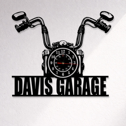 Personalized Motorcycle Garage Wall Clock with Custom Name, Vintage Handlebar Metal Clock, Silent Workshop and Man Cave Decor