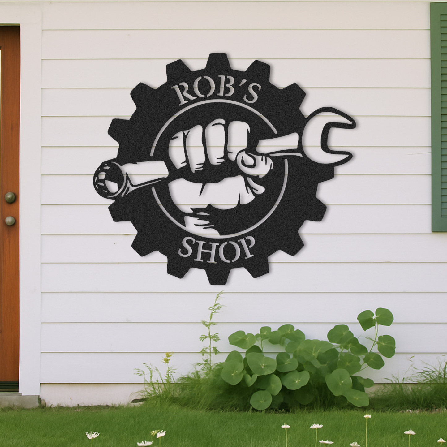 Custom Gear Workshop Metal Sign with Wrench, Personalized Garage Sign for Dad, Grandpa or Husband, Gift for Father’s Day or Birthday