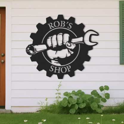 Custom Gear Workshop Metal Sign with Wrench, Personalized Garage Sign for Dad, Grandpa or Husband, Gift for Father’s Day or Birthday