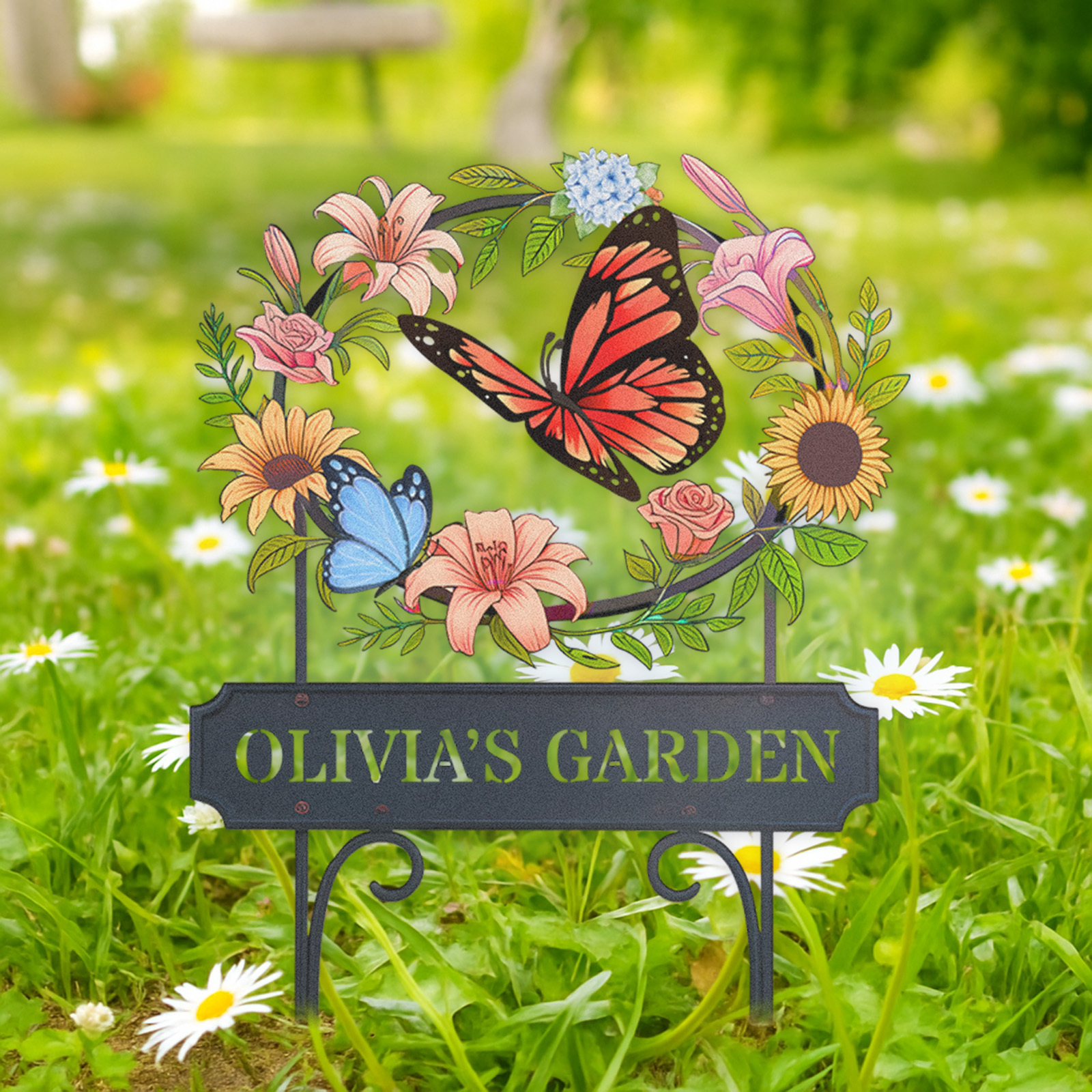 Personalized Garden Sign with Butterflies and Flowers, Custom Metal Floral Wreath Yard Stake, Outdoor Garden Name Sign for Patio, Lawn, or Flower Bed