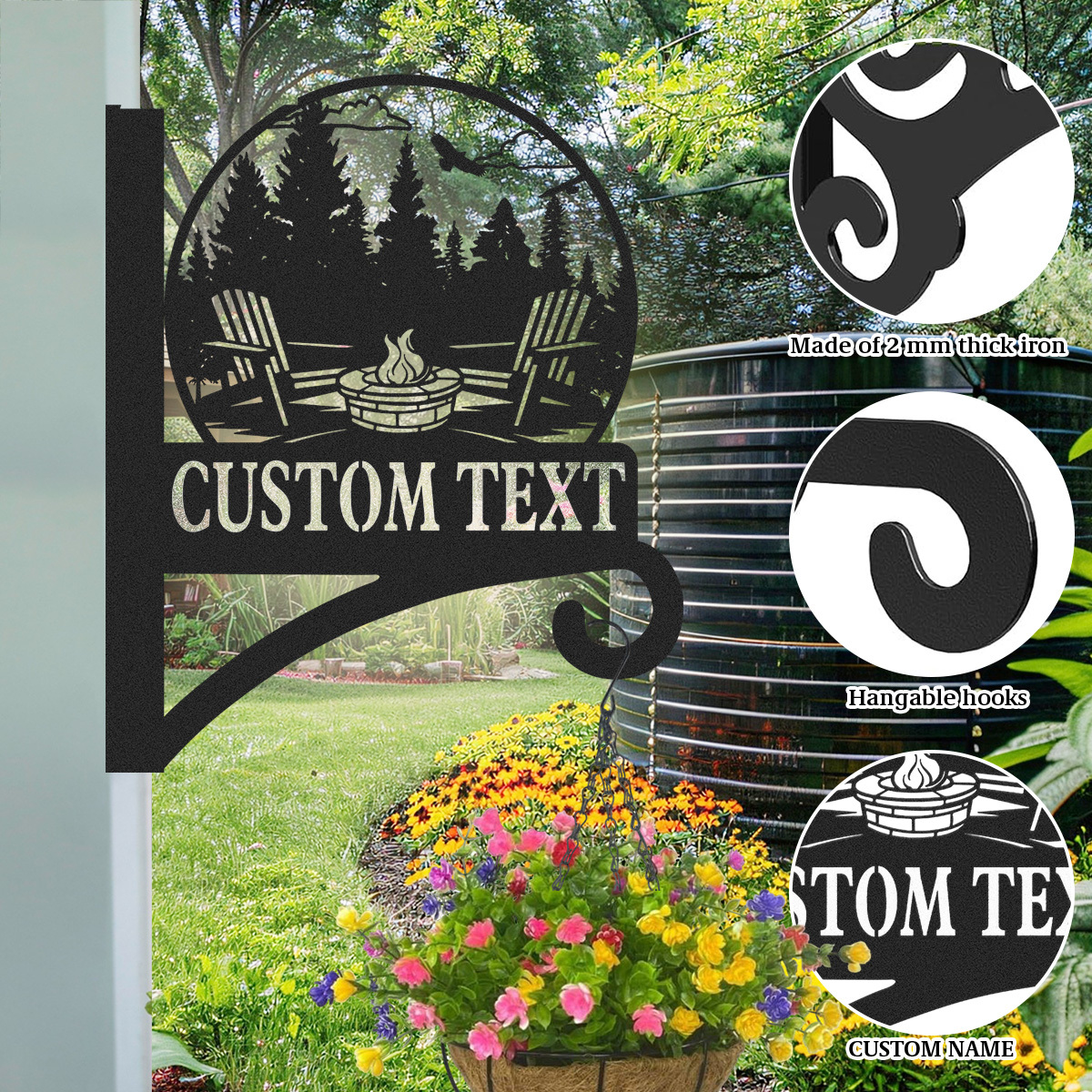 Custom Campfire Plant Hanger Wall Bracket, Personalized Metal Hook for Hanging Plants, Bird Feeder, Lantern, Wind Chime, Outdoor Cabin Patio Decor