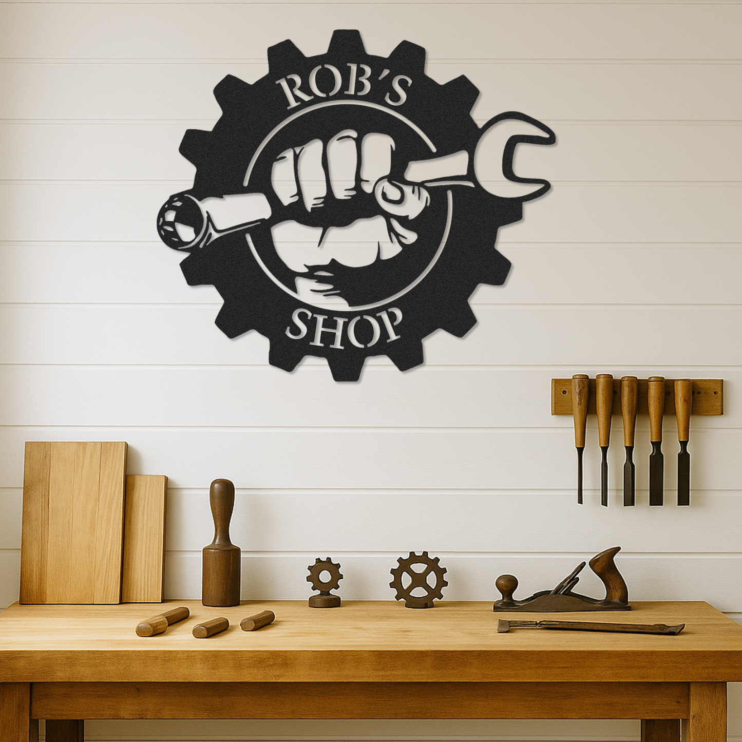 Custom Gear Workshop Metal Sign with Wrench, Personalized Garage Sign for Dad, Grandpa or Husband, Gift for Father’s Day or Birthday