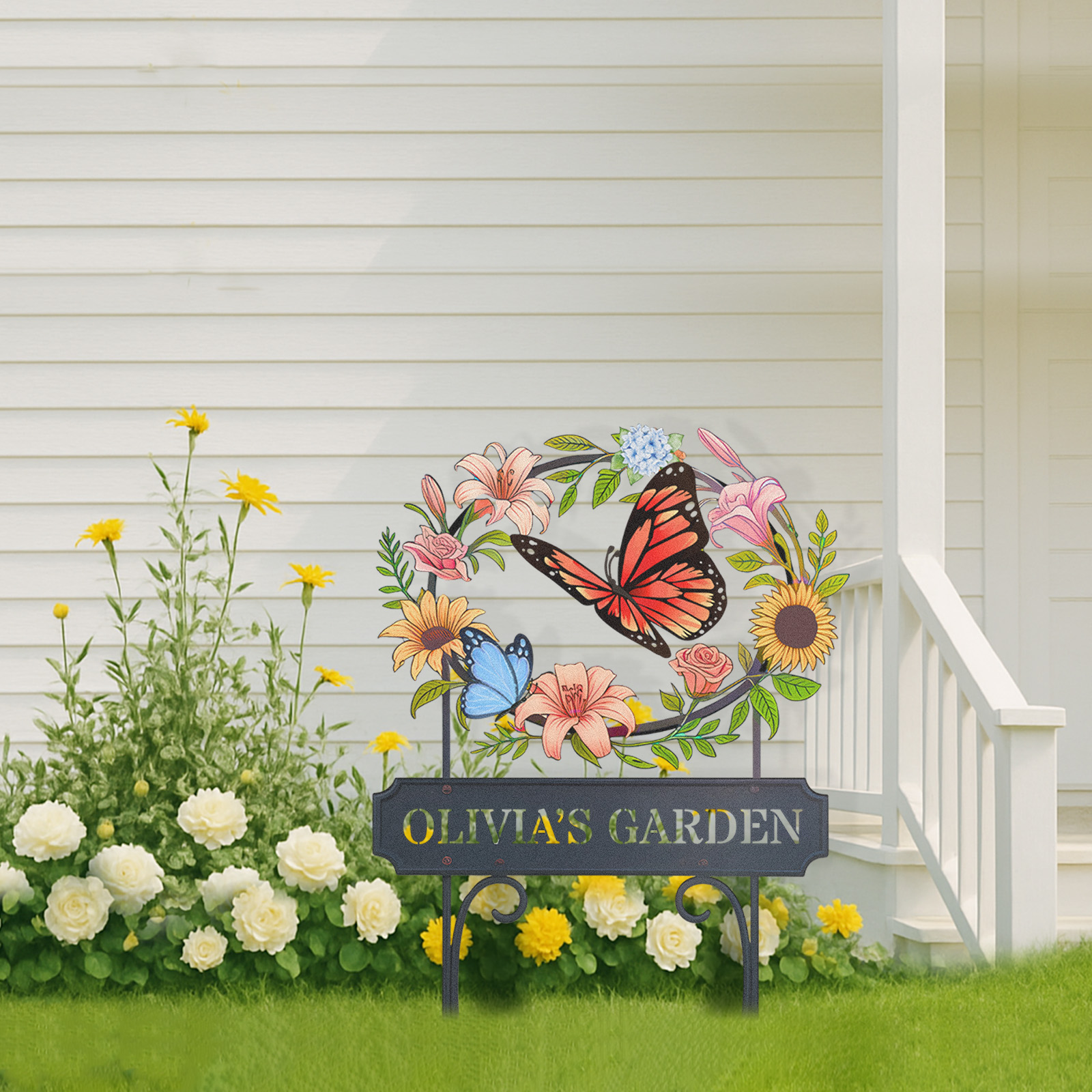 Personalized Garden Sign with Butterflies and Flowers, Custom Metal Floral Wreath Yard Stake, Outdoor Garden Name Sign for Patio, Lawn, or Flower Bed