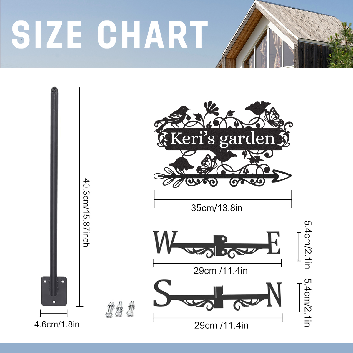 Personalized Garden Metal Weather Vane with Custom Name, Bird and Butterfly Wind Direction Indicator Outdoor Yard Garden Decor