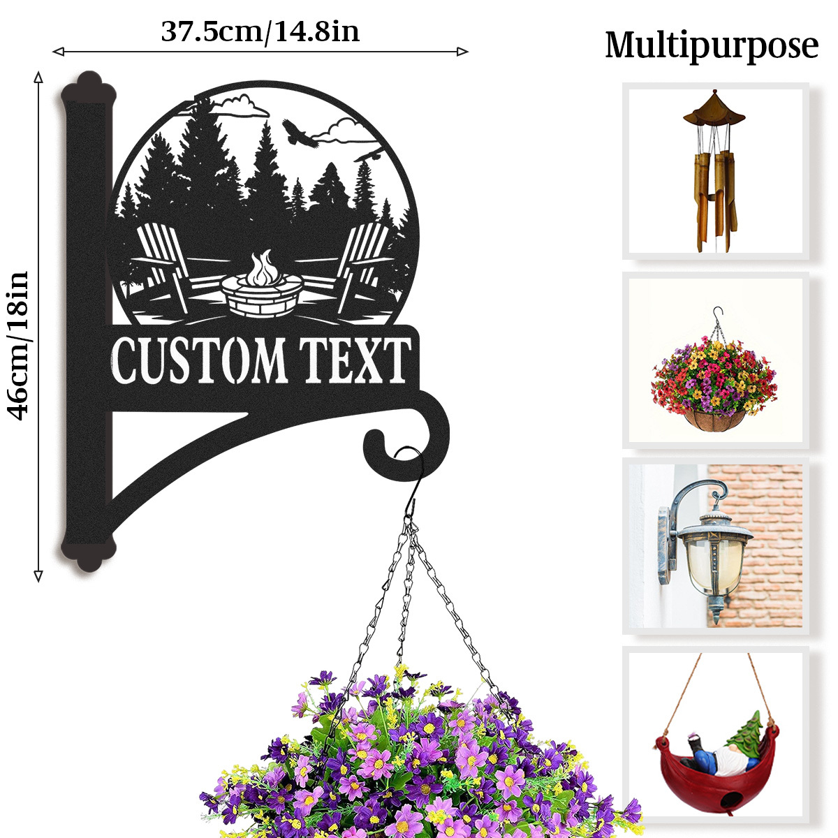 Custom Campfire Plant Hanger Wall Bracket, Personalized Metal Hook for Hanging Plants, Bird Feeder, Lantern, Wind Chime, Outdoor Cabin Patio Decor