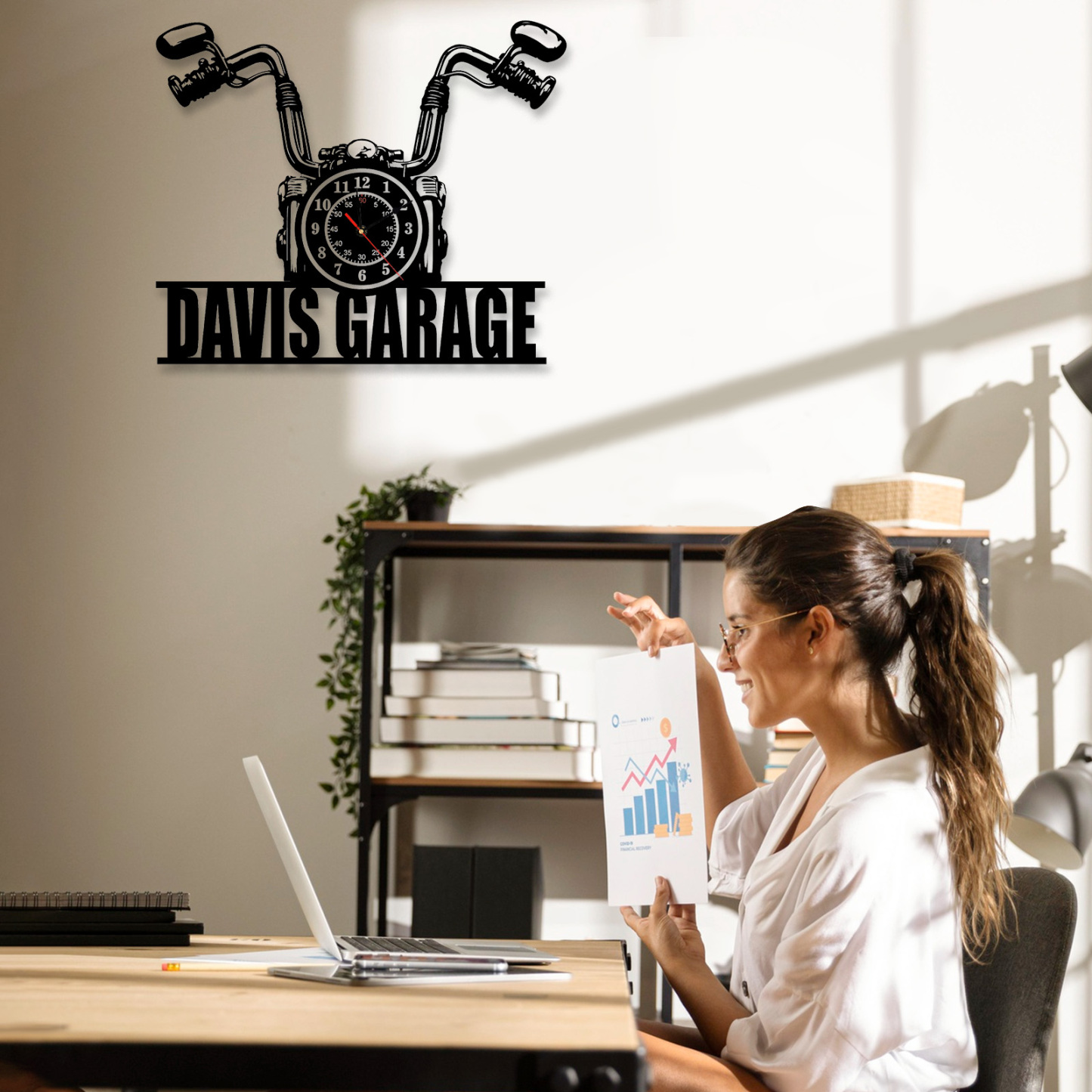 Personalized Motorcycle Garage Wall Clock with Custom Name, Vintage Handlebar Metal Clock, Silent Workshop and Man Cave Decor