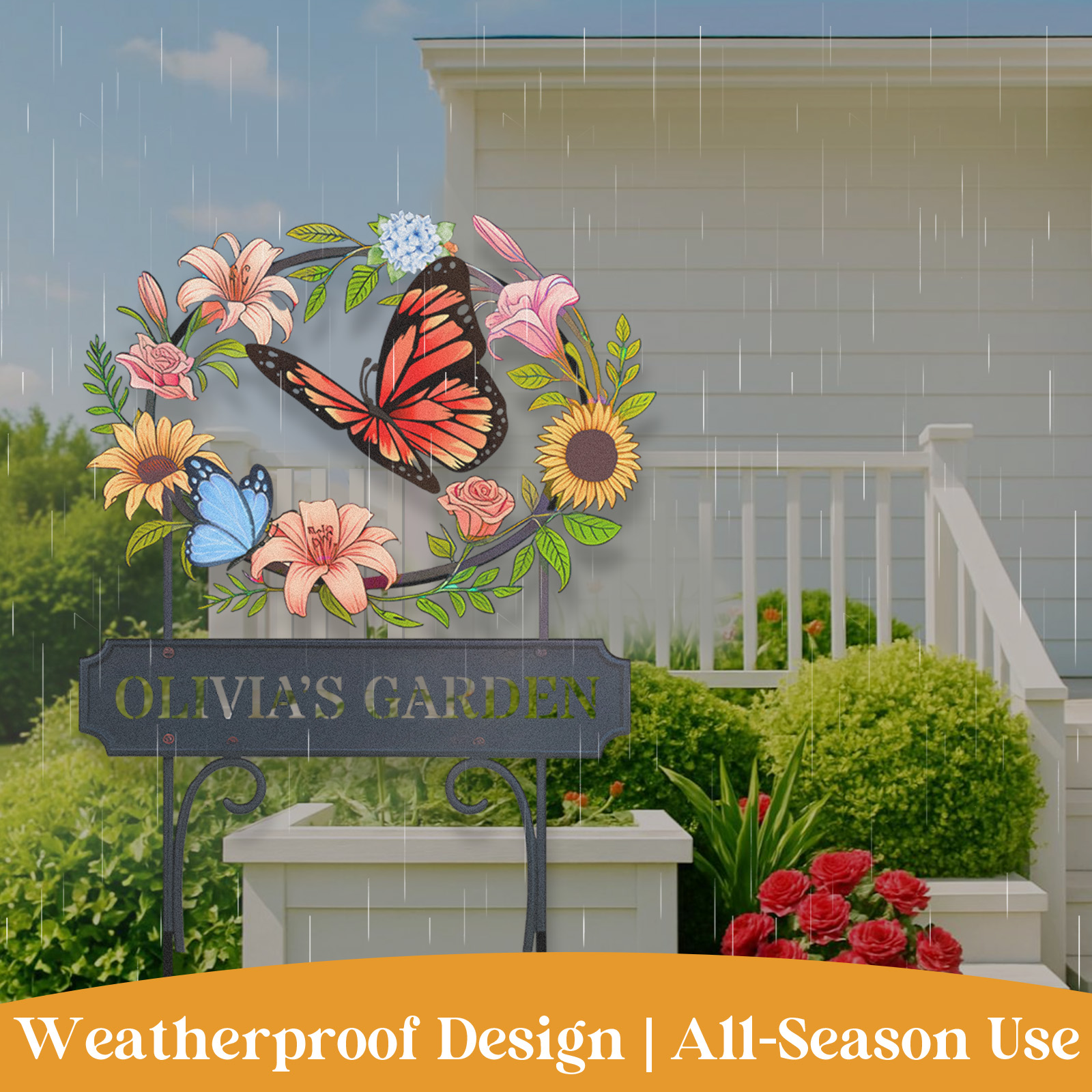 Personalized Garden Sign with Butterflies and Flowers, Custom Metal Floral Wreath Yard Stake, Outdoor Garden Name Sign for Patio, Lawn, or Flower Bed