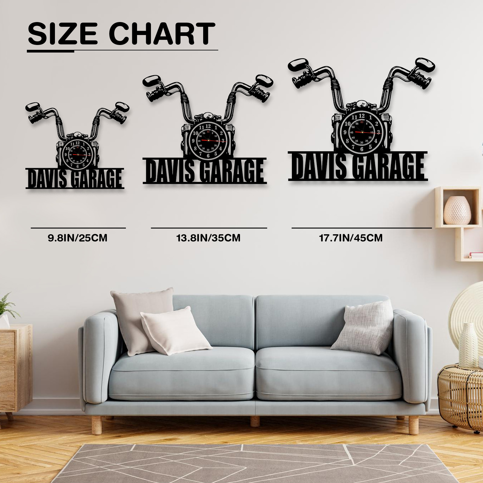 Personalized Motorcycle Garage Wall Clock with Custom Name, Vintage Handlebar Metal Clock, Silent Workshop and Man Cave Decor