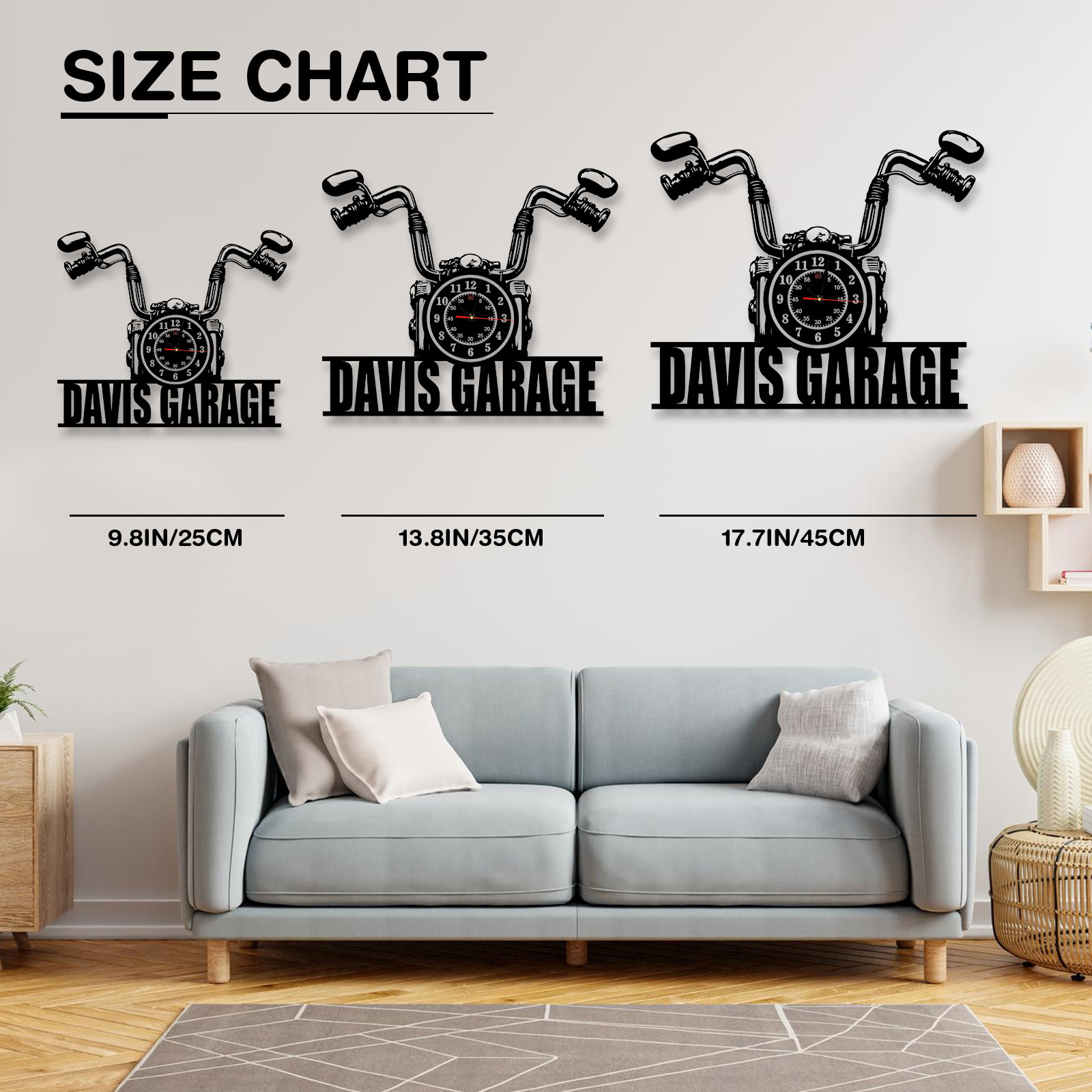 Personalized Motorcycle Garage Wall Clock with Custom Name, Vintage Handlebar Metal Clock, Silent Workshop and Man Cave Decor