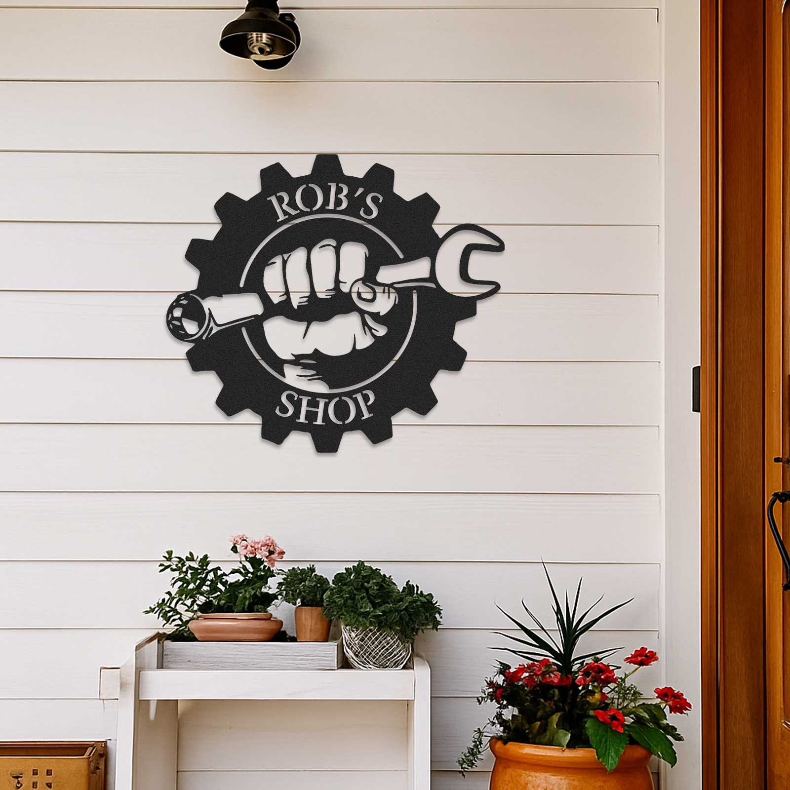 Custom Gear Workshop Metal Sign with Wrench, Personalized Garage Sign for Dad, Grandpa or Husband, Gift for Father’s Day or Birthday