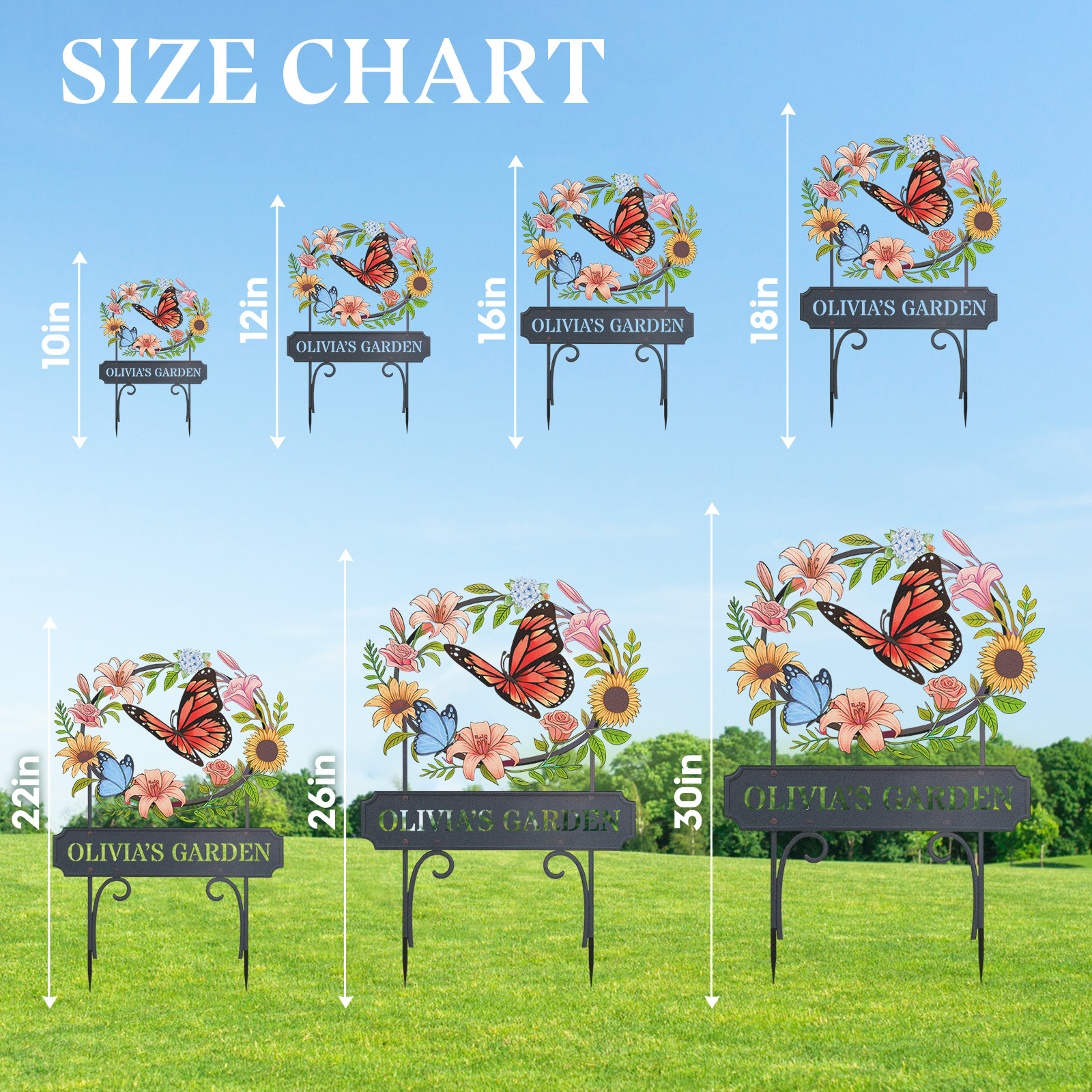 Personalized Garden Sign with Butterflies and Flowers, Custom Metal Floral Wreath Yard Stake, Outdoor Garden Name Sign for Patio, Lawn, or Flower Bed