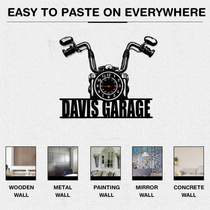 Personalized Motorcycle Garage Wall Clock with Custom Name, Vintage Handlebar Metal Clock, Silent Workshop and Man Cave Decor