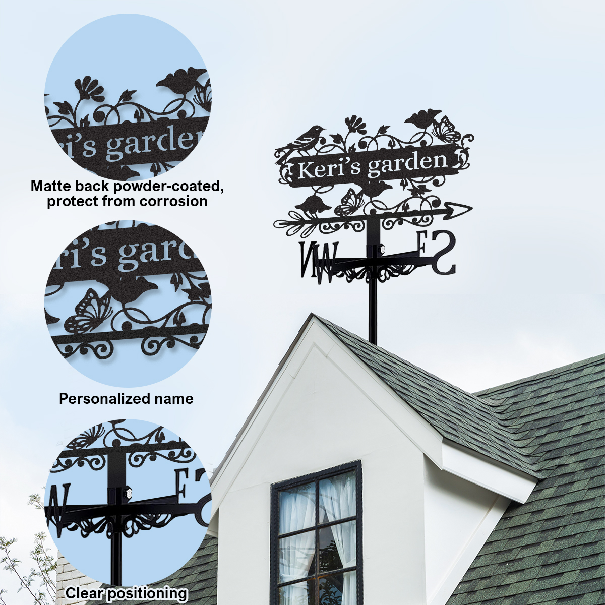 Personalized Garden Metal Weather Vane with Custom Name, Bird and Butterfly Wind Direction Indicator Outdoor Yard Garden Decor
