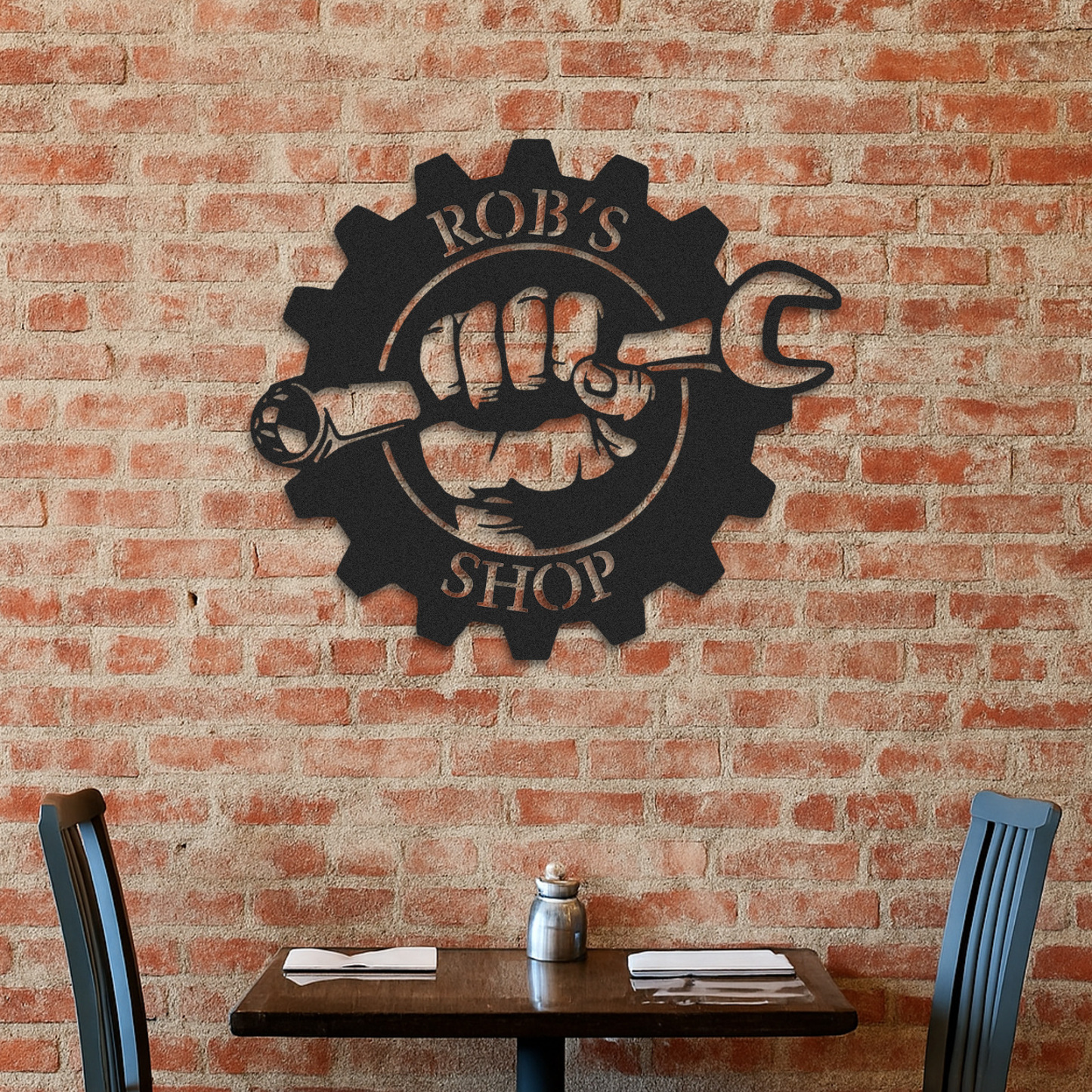 Custom Gear Workshop Metal Sign with Wrench, Personalized Garage Sign for Dad, Grandpa or Husband, Gift for Father’s Day or Birthday