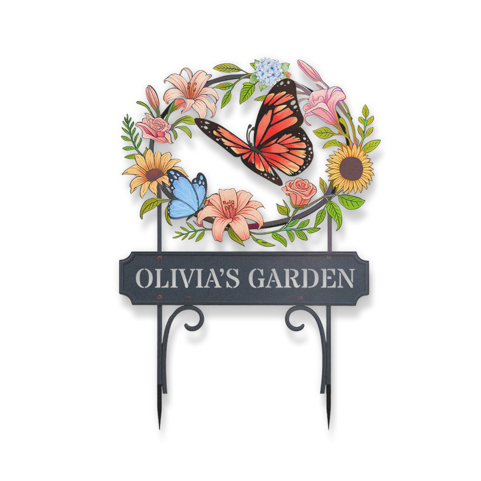 Personalized Garden Sign with Butterflies and Flowers, Custom Metal Floral Wreath Yard Stake, Outdoor Garden Name Sign for Patio, Lawn, or Flower Bed