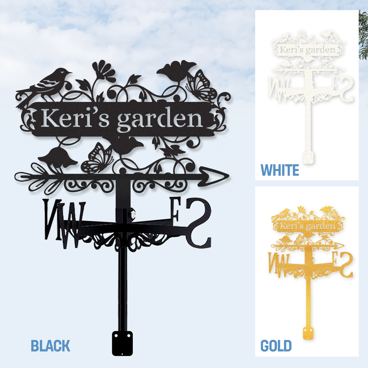 Personalized Garden Metal Weather Vane with Custom Name, Bird and Butterfly Wind Direction Indicator Outdoor Yard Garden Decor
