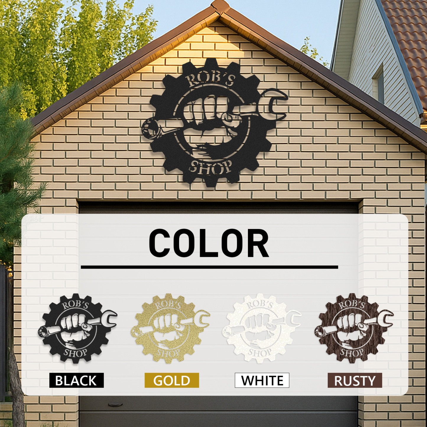 Custom Gear Workshop Metal Sign with Wrench, Personalized Garage Sign for Dad, Grandpa or Husband, Gift for Father’s Day or Birthday