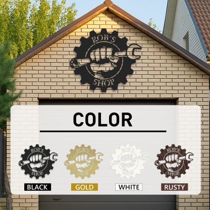 Custom Gear Workshop Metal Sign with Wrench, Personalized Garage Sign for Dad, Grandpa or Husband, Gift for Father’s Day or Birthday