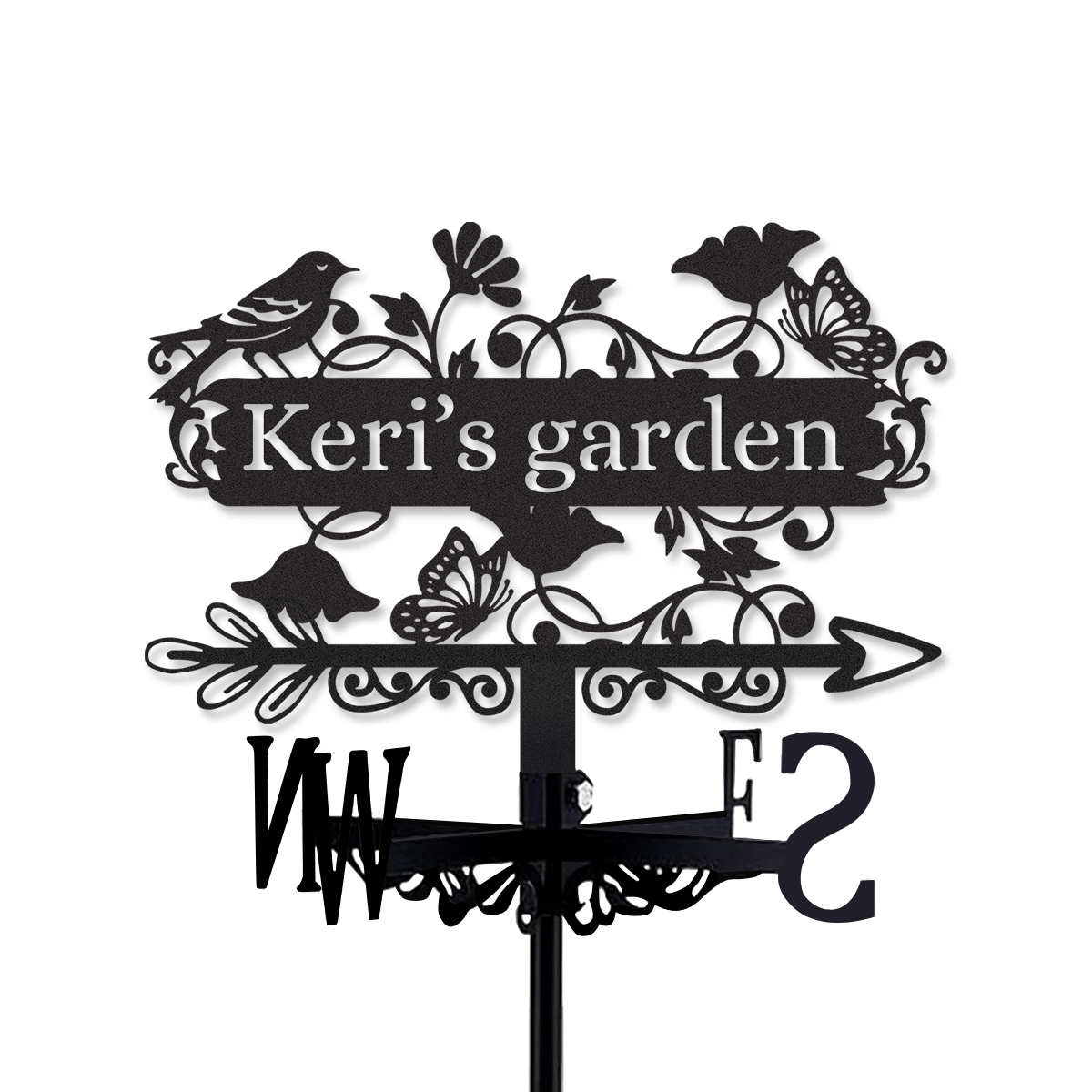 Personalized Garden Metal Weather Vane with Custom Name, Bird and Butterfly Wind Direction Indicator Outdoor Yard Garden Decor