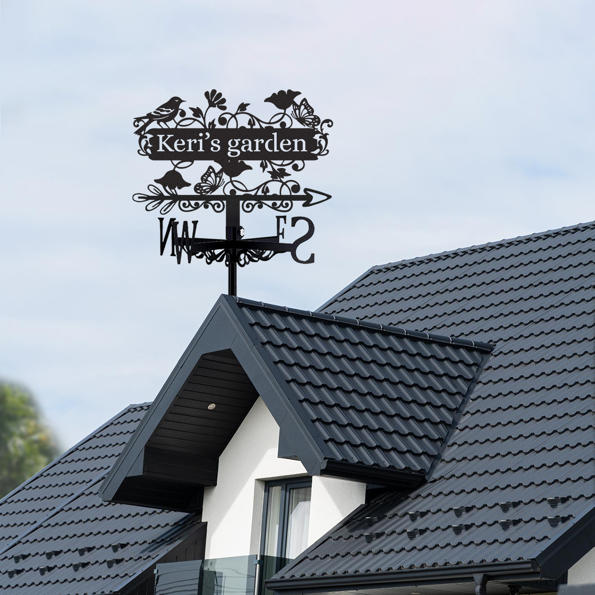 Personalized Garden Metal Weather Vane with Custom Name, Bird and Butterfly Wind Direction Indicator Outdoor Yard Garden Decor