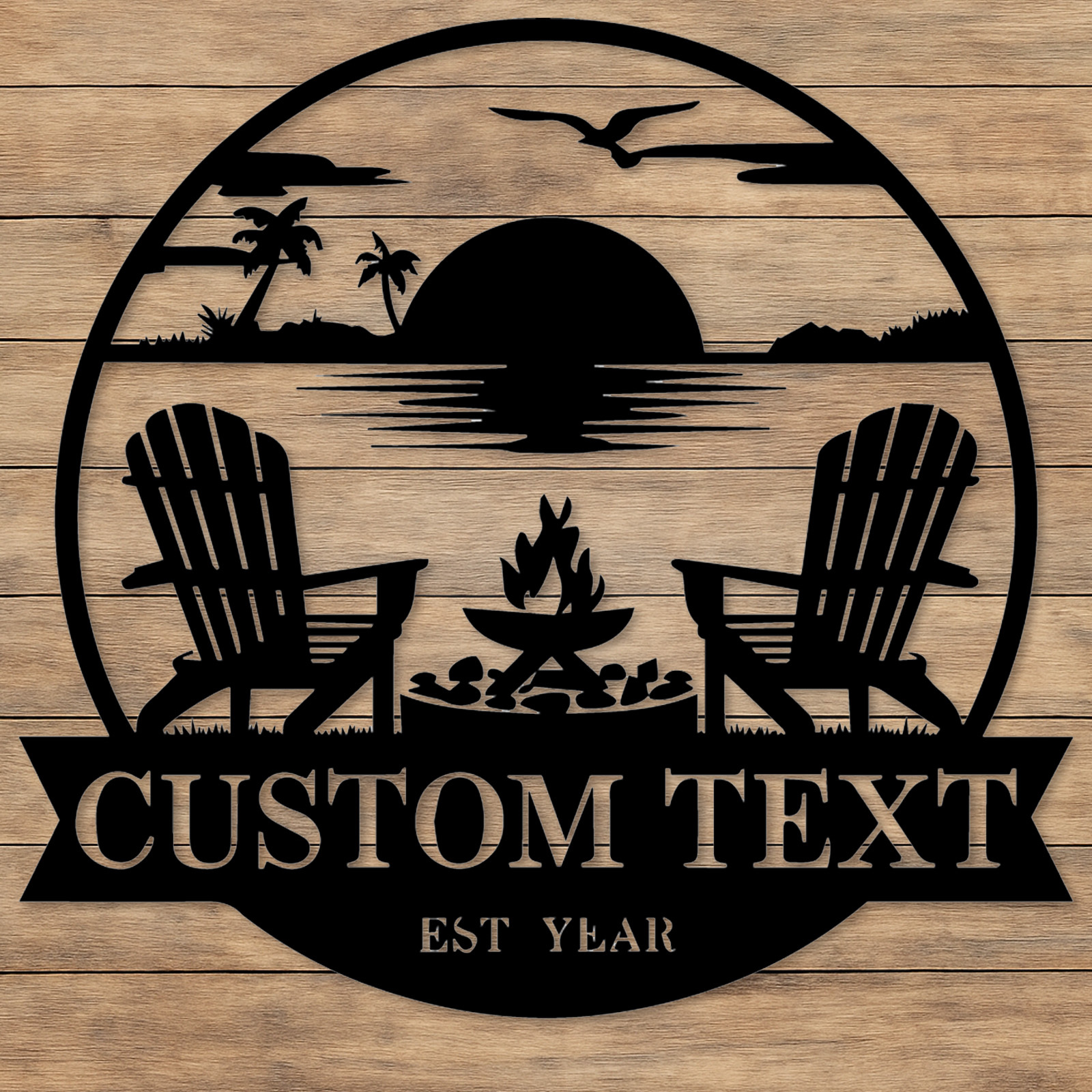 Custom Beach Metal Sign, Personalized Sunset Campfire Wall Art for Backyard, Lake House or Coastal Outdoor Decor